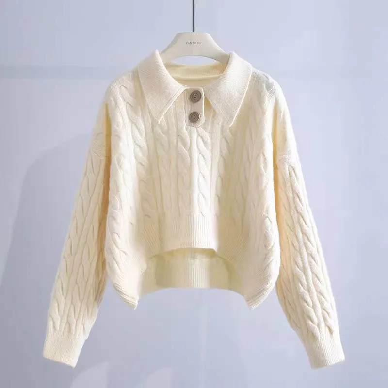

Short twist sweater women's autumn and winter new Korean style loose lazy style polo collar sweater top 10