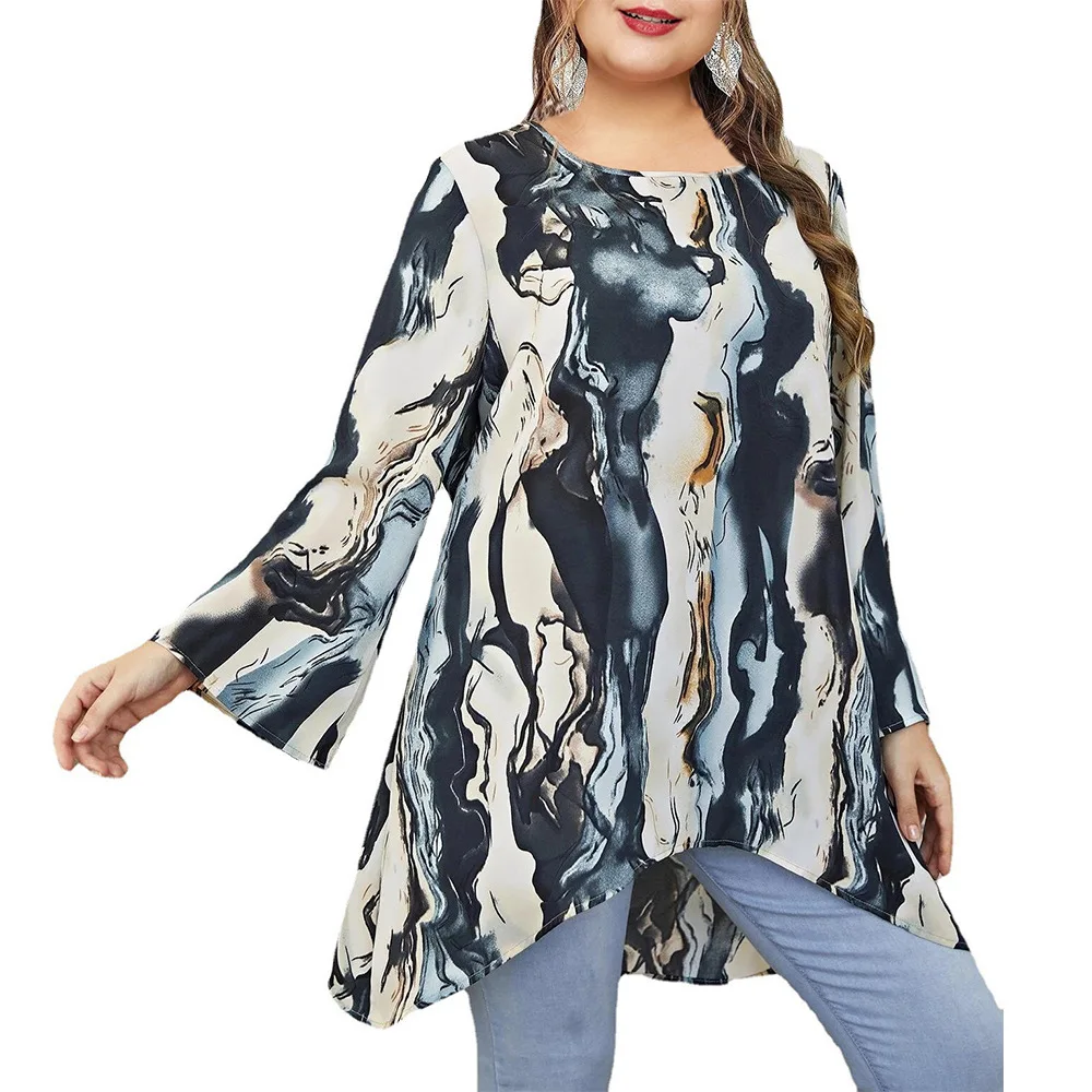 Herfst nieuw plus size dames T-shirt mode dames ronde hals afdrukken lange mouw losse onregelmatige zoom T-shirt