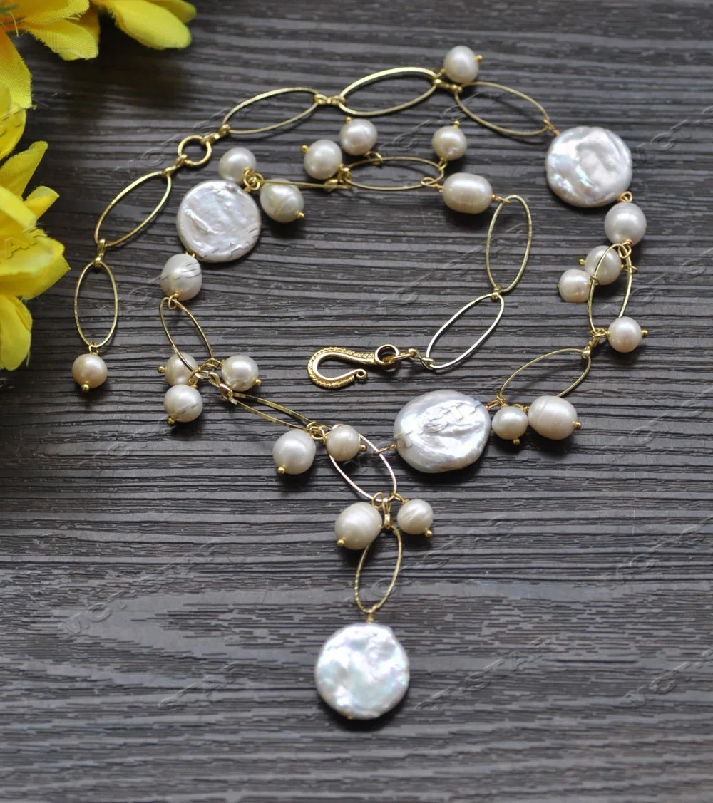 MTC·STAR Set 20mm White Coin Rice Round Pearl Gold-Plated Chain Necklace Bracelet Earring (Z12646)