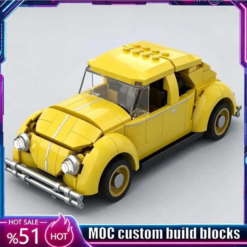 

322 Parts Bright Yellow Vintage Compact Beetle Car Custom Building Blocks MOC Model DIY Educational Toy Birthday Holiday Gifts