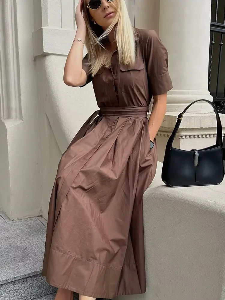 HH-vestido Midi de manga corta con cinturón de solapa holgado para mujer, vestido largo Sexy liso con bolsillo elegante, novedad de verano 2025