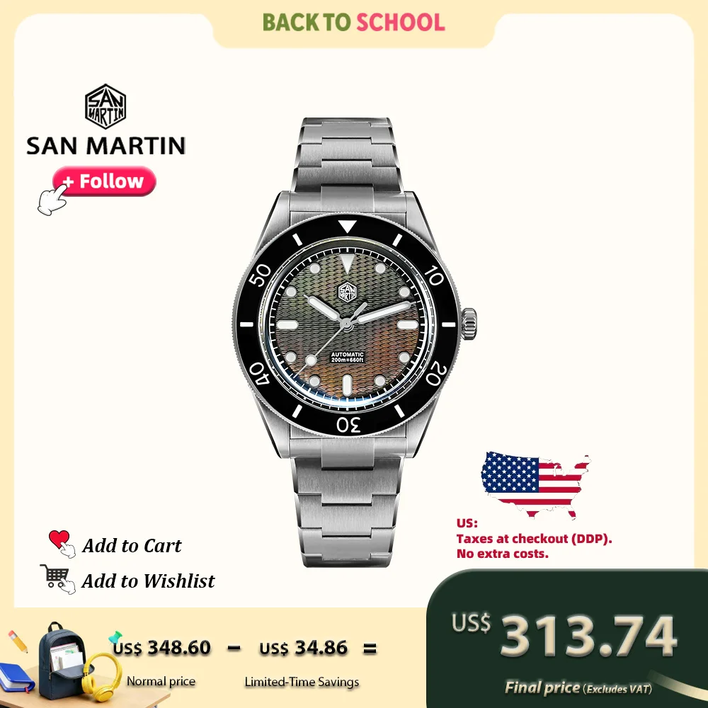 

San Martin 39mm Diver Watch Miyota 90S5 Automatic With Guilloche MOP Dial Sapphire Bezel 200m Water Resistance Luminous SN0151