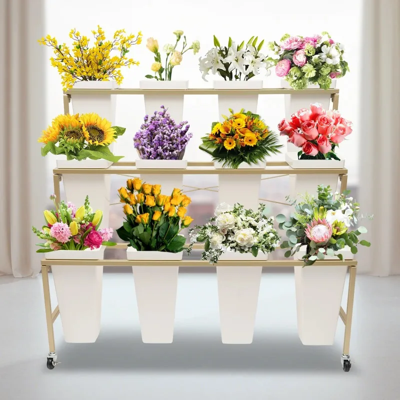 Terraces, Gardens Flower Display Stand with 12PCS Buckets, 3-Layer Metal Plant Stand with Wheels for Indoor and Outdoor