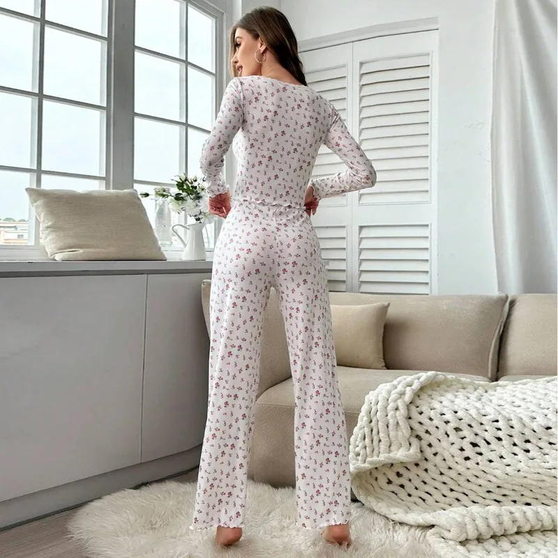 Spring/Summer New Arrival Women's American-Style Long-Sleeve V-Neck Pajamas with Small Floral Print Pants—loungewear Set
