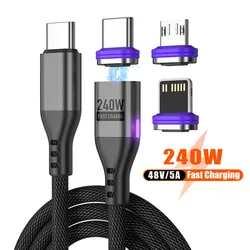 PD 240W Magnetic USB C Cable Micro Type C 5A Fast Charging Data Cord for Macbook iPad iPhone 16 15 Xiaomi 14 Realme