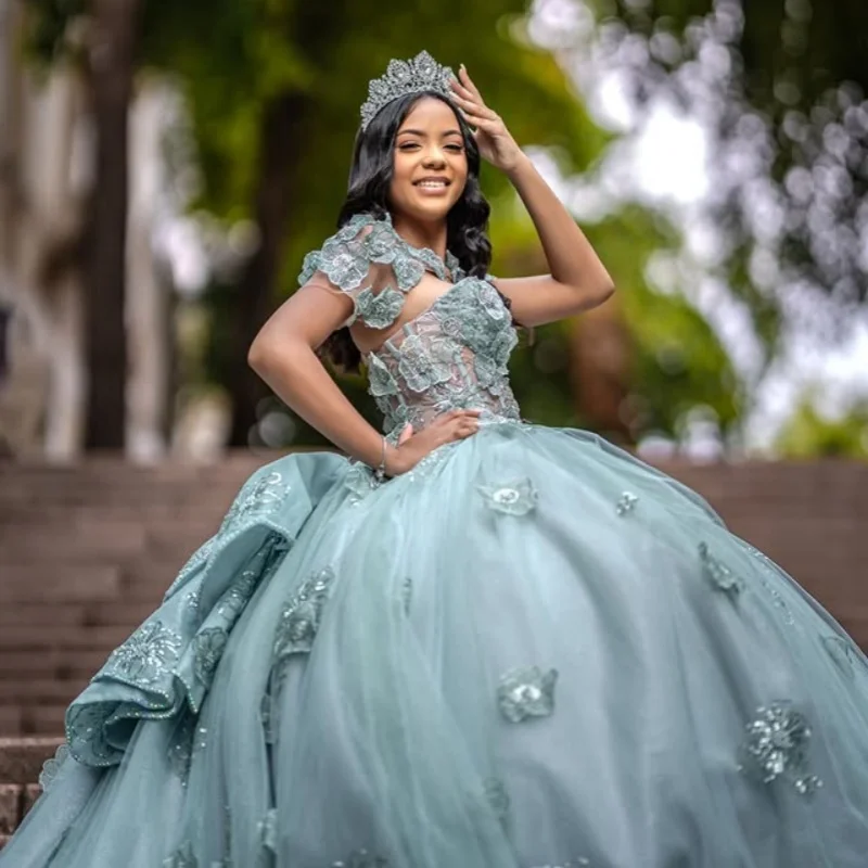 

Aqua Blue Quinceanera Dress Glitter Flower Decal off-shoulder Ruffle Long tail Vestidos De 15 Quinceanera ﻿Customize