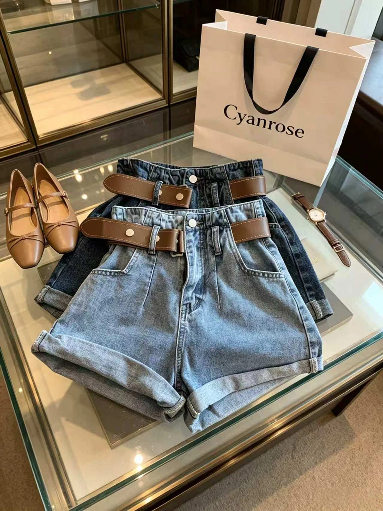 Women Blue Denim Shorts American Vintage Y2k Gyaru Micro Boot Jean Shorts with Belt High Waist Wide Leg Cowboy Hot Shorts Summer