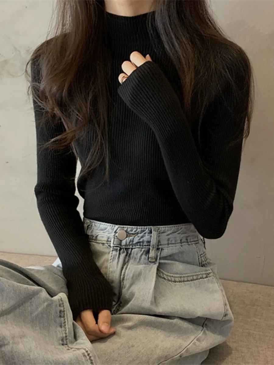 

Black Knitted Base Shirt Women's 2026 Autumn Winter New Fashion Slimming Half High Collar Autumn Wear Sweater Inner Wear