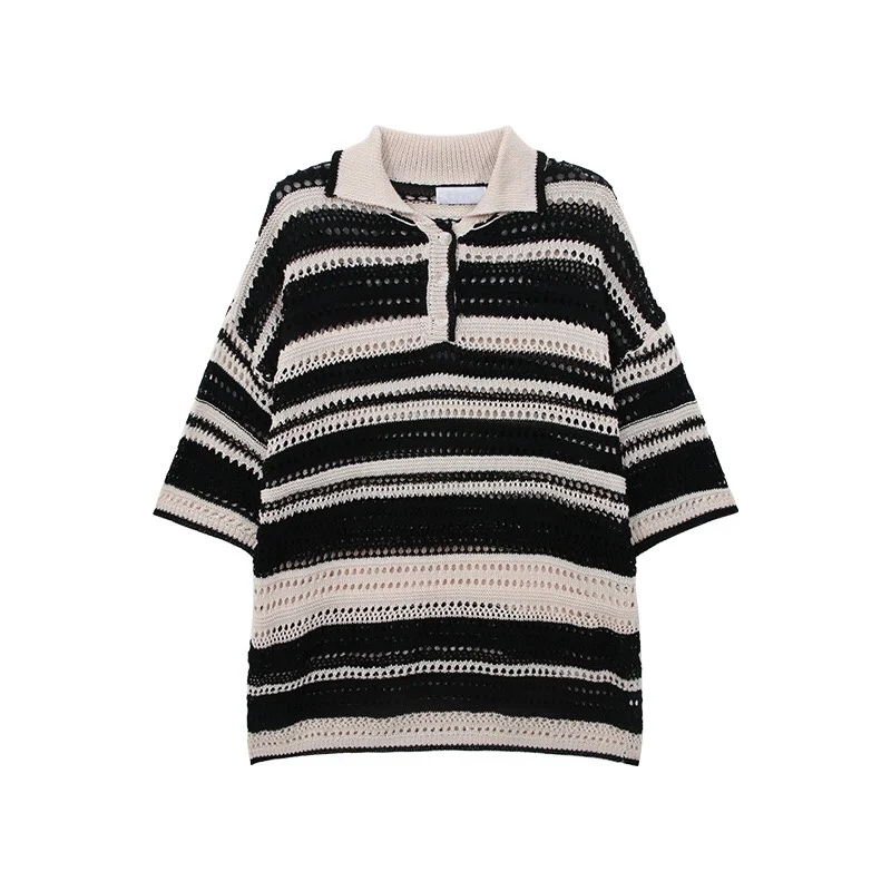 2024ss Japanese Style Vintage Hollowed Out Knitted Striped Polo Shirt Men's Clothing Streetwear T-shirts Y2k Women's Clothes