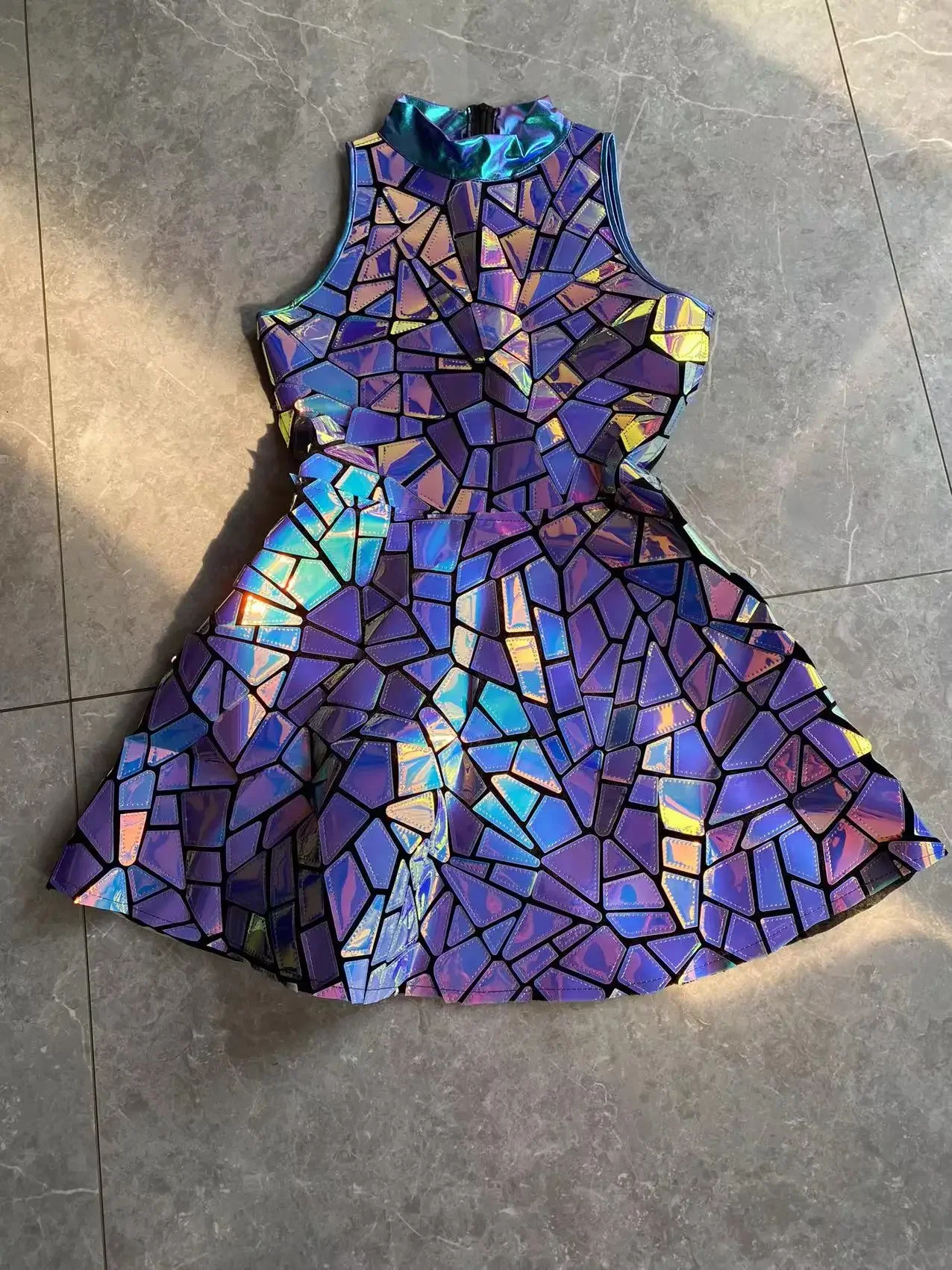 Shiny Purple Blue Laser Mirror Nightclub Dress Sleeveless Bar Dj Gogo Dancer Singer Stage Costume Female Evening Birthday Outfit