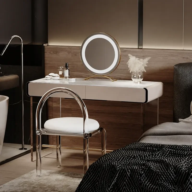 Modern Acrylic Dresser with Saddle Leather Top Light Luxury Makeup Table for Bedroom Large or Small Apartment High End Vanity