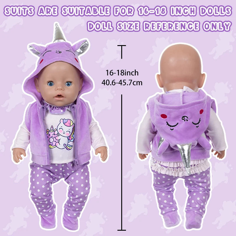 Doll Clothes 16-18Inch/40-45cm Cute Unicorn Jacket Hoodie Pants Baby Born Doll Rebirth Doll Clothes Accessory Doll Girl Gift