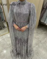 Dubai Purple Muslim Heavy Beaded Evening Dresses Middle East Long Cape Sleeve Elegant Formal Women's Prom Party Gowns Customized