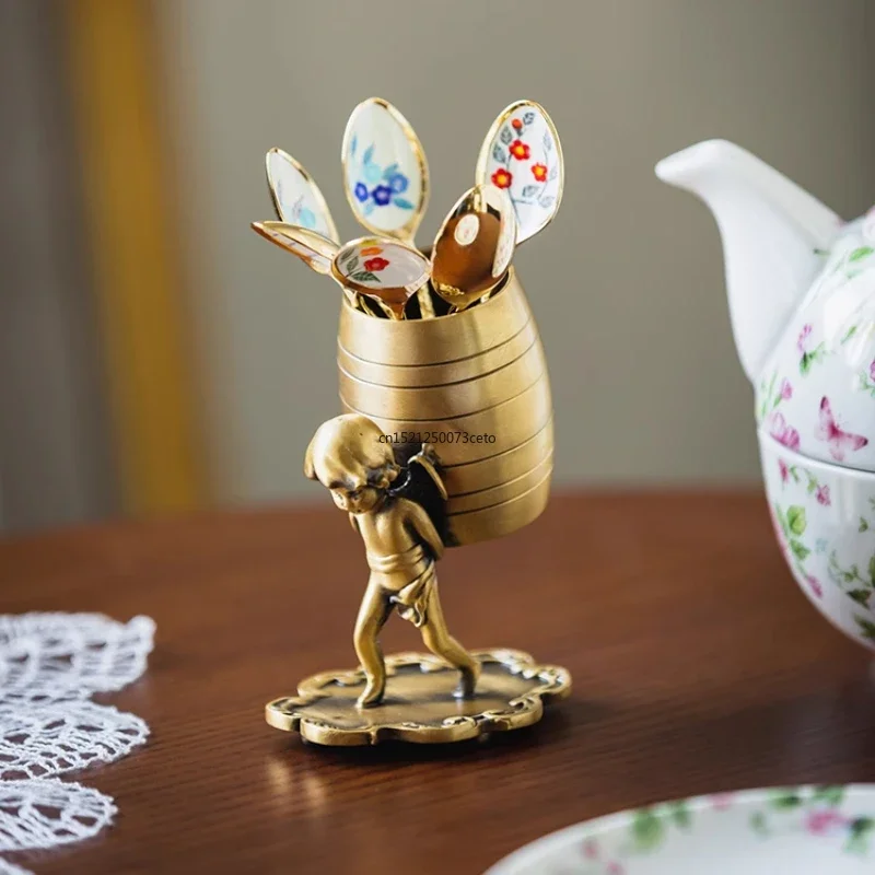 

Brass Angel Backpack Storage Pendant Coffee Spoon Fruit Fork Storage Can Home Living Room Dining Table Decoration Ornaments