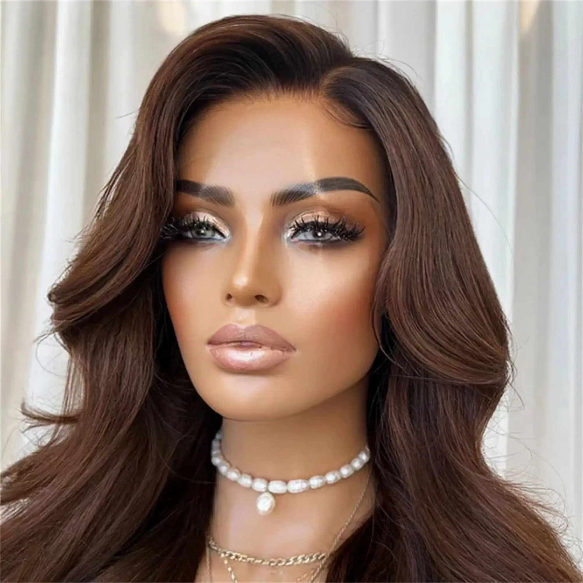 

Chocolate Brown Body Wave Lace Front Wig 13x4 HD Transparent Synthetic Lace Frontal Wg Pre Plucked Free Part Glueless For Women