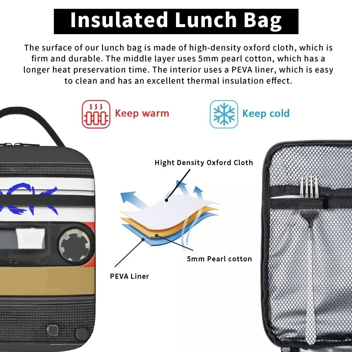 Rock And Roll Music Cassette Insulated Lunch Bag for Women Waterproof Music Lover Cooler Thermal Lunch Tote Kids School Children