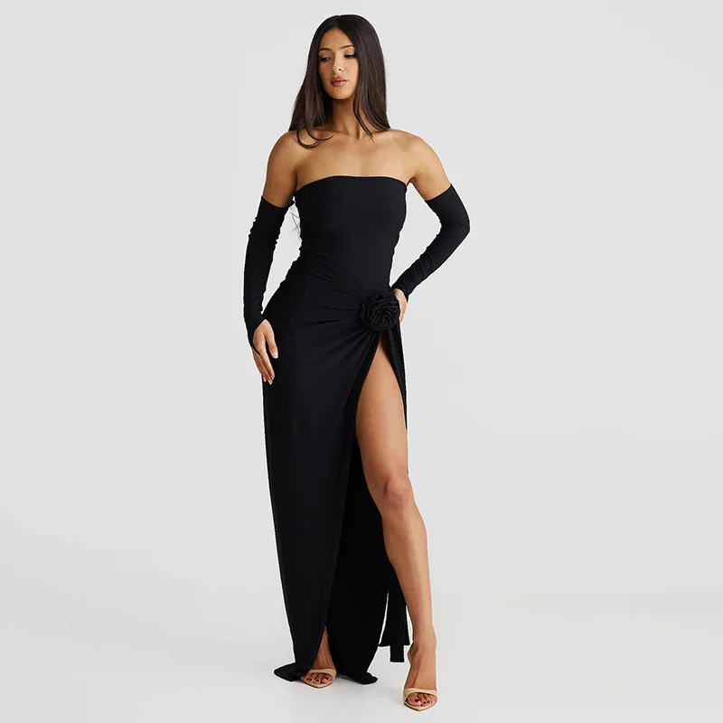 Black Sexy Evening Dress 3 Pieces Top+Long Prom Dress+Full Sleeve Autumn Party Dress Robe De Mariée Hot Girl Streetwear