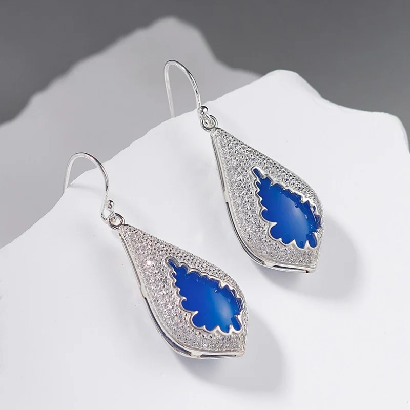 S925 فضة سحر إسقاط أقراط للنساء موضة جديدة مايكرو الزركون Waterdrop الأزرق العقيق الأذن قطرة المجوهرات بالجملة