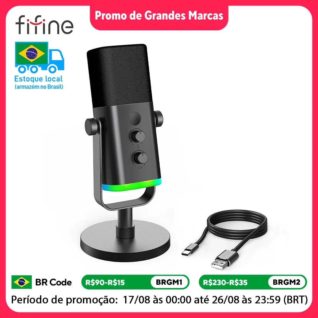 FIFINE USB/XLR מיקרופון דינמי עם בקרת RGB/שקע אוזניות/השתקה, MIC להקלטת משחקי מחשב הזרמת AmpliGame-AM8
