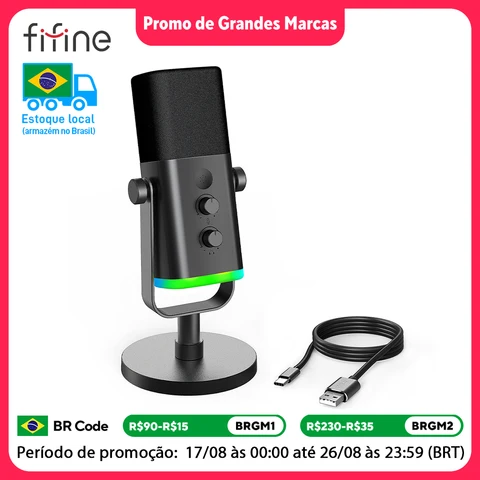Fifine microfone dinâmico usb/xlr com controle rgb/jack de fone de ouvido/mudo, microfone para gravação de jogos de pc streaming AmpliGame-AM8