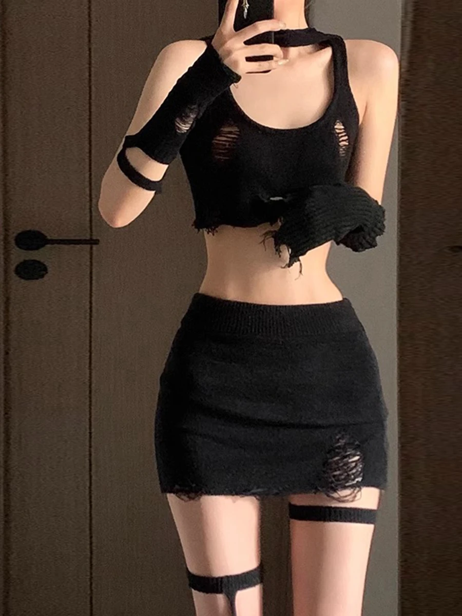 Bla Sexy Spicy Girl Design rotondo Ne Svel Strap Top Gonna a vita alta Set da due pezzi Completo estivo Faion da donna