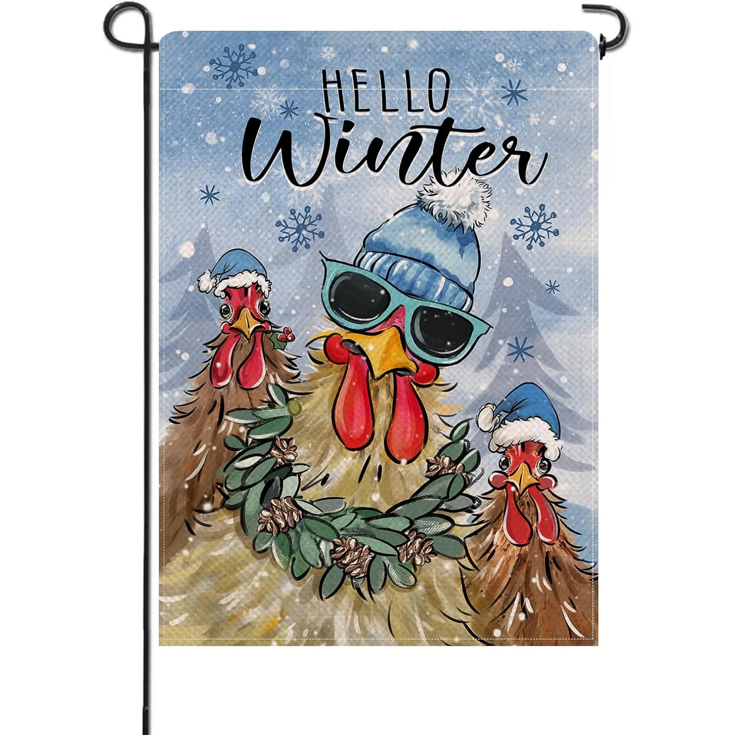Hello Winter Rooster Small Decoration Garden Flag, Christmas Farm Animal Snowflake Yard Lawn Outdoor Decoration, Farmhouse 12*18 INCH