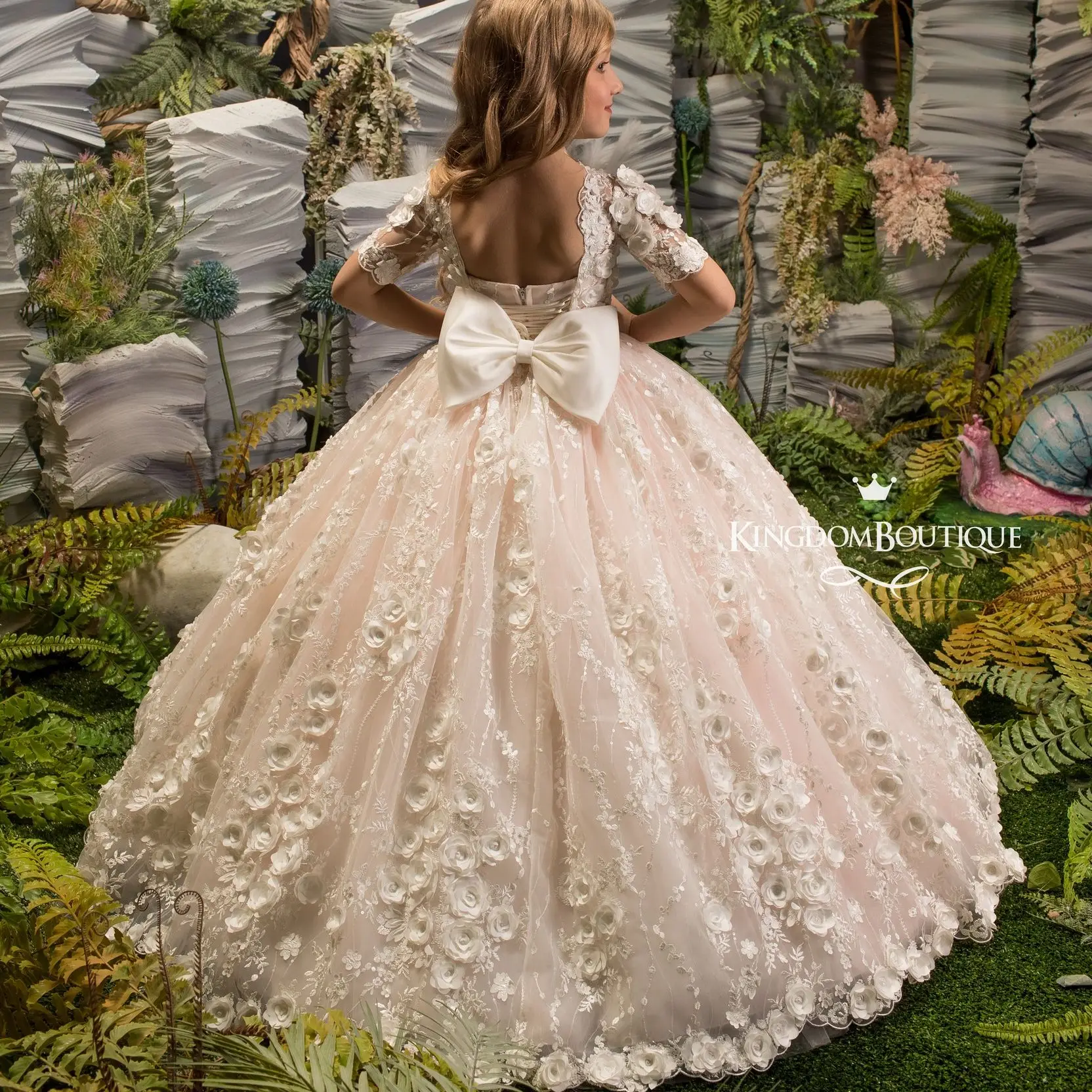 FATAPAESE Elbow Sleeve Flower Girl Dress Floor Length Tulle Gown with Ivory Lace Overlay Deep Neckline and Satin Bow Adorn Back