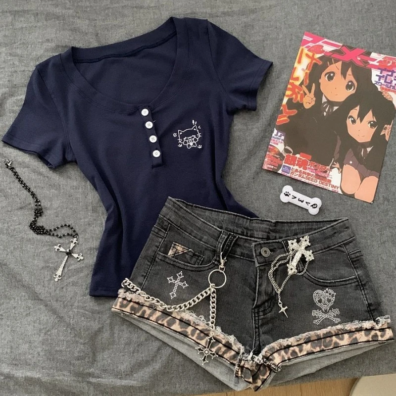 HOUZHOU Y2k Vintage Gothic Denim Shorts Women Sexy Punk Leopard Print Patchwork Shorts Grunge Spicy Girl Low Waist Short Jeans