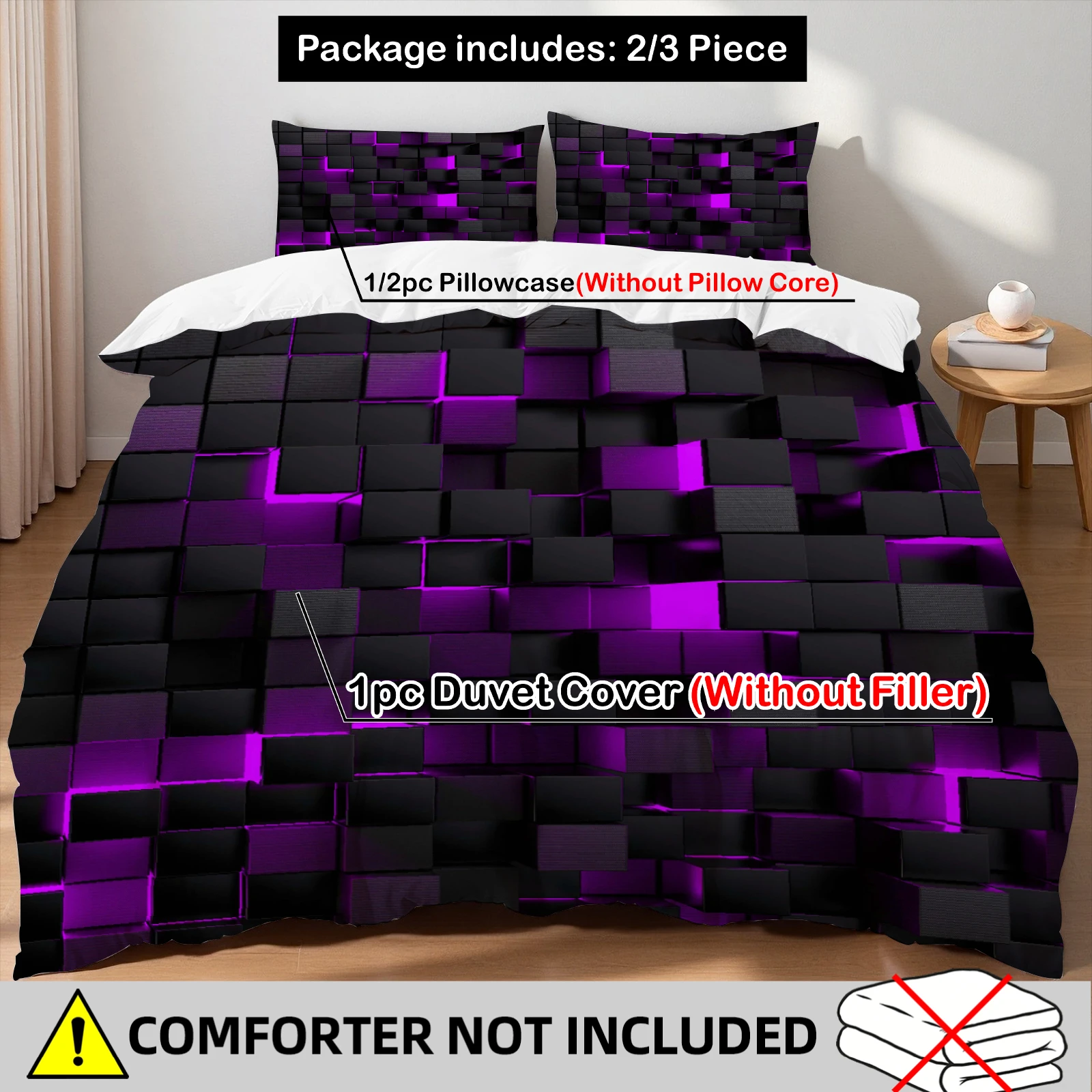 3PCS Duvet Cover Set Purple Grid 3D Visual Geometry Art Printed Duvet Cover With Pillowcases Single Twin Queen Size Bedding Set