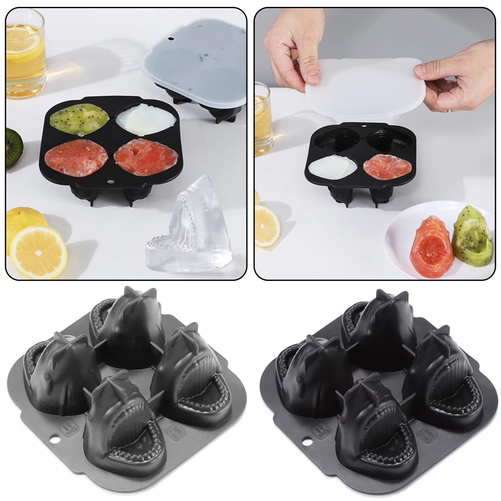 3D -Haie Eiswürfel Schimmel 4 Gitter Eiswürfel Tray Whisky Sharks Eishersteller Food Grade Easy Release Ball Form für Cocktailparty