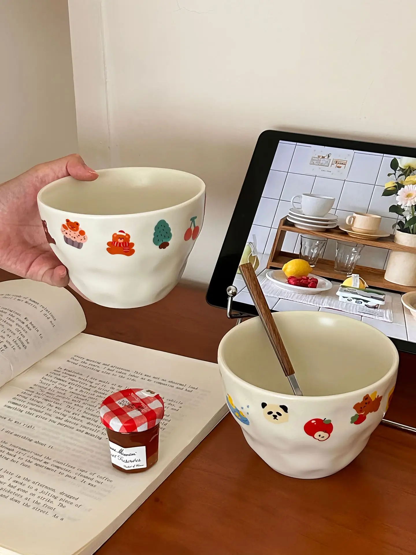 Super Cute Little Bear Ceramic Bowl Cream Matte Household Bowl High Beauty Ins Blogger Same Creative Home Furnishing Bowl Set