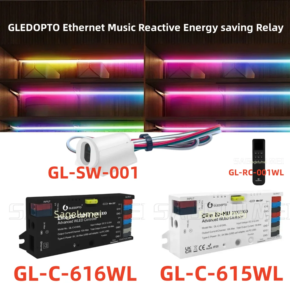 

Elite Advanced GLEDOPTO Ethernet Music Reactive Energy saving Relay ESP32 WLED LED Controller 20A Fuse DIY Dynamic Light Digital