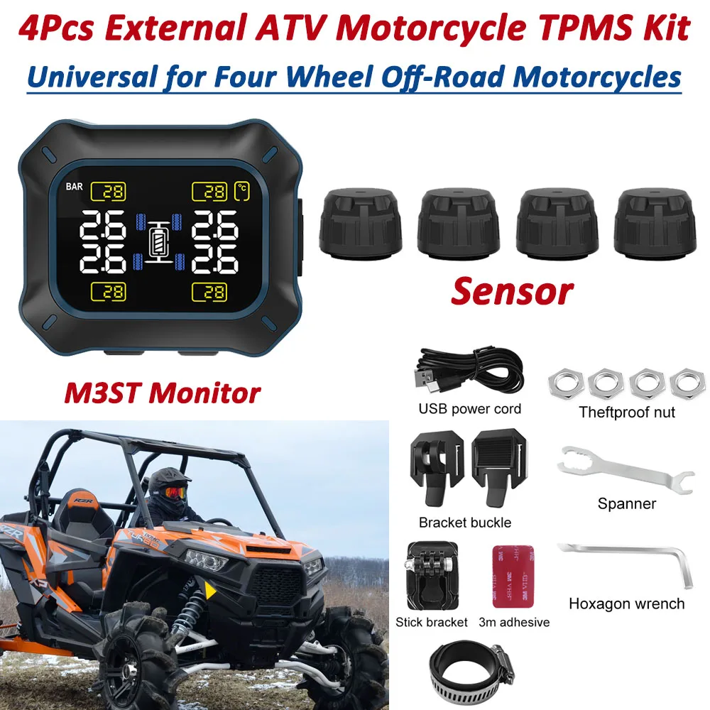 4pcs Universal 4-Wheeled Motorcycle External TPMS Sensors ATV Tire Pressure Monitor System + Alarm System LCD Display,USB Charge