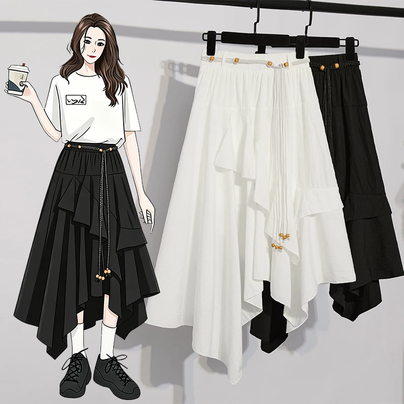 

High-End Women's Fashion plus Size Midi Skirt Asymmetrical Design Summer New Arrival Commute Style Embroidered Loose Fit