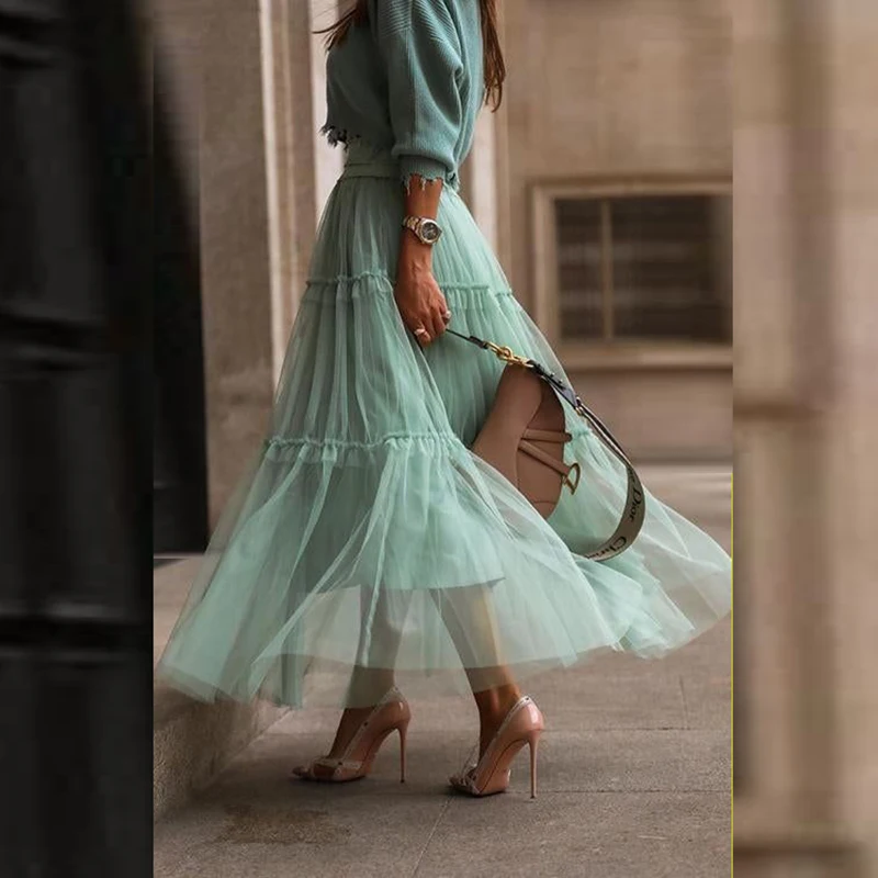 

Mint Green Women Skirt Modern Lady Layers Formal Wear Elastic Waist Puffy Ruffles Prom Party Skirts Any Color