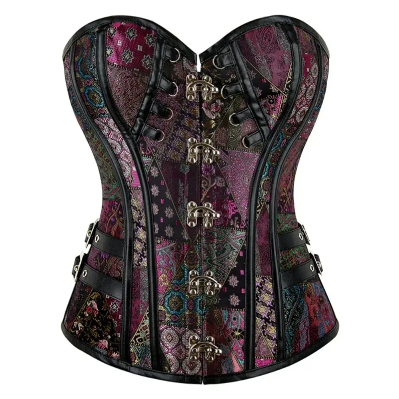 Vintage Gothic Corset Top for Women  Dark Brown Steel Bone Overbust Bustier Slimming Lace-up Strapless Shaper with Chain