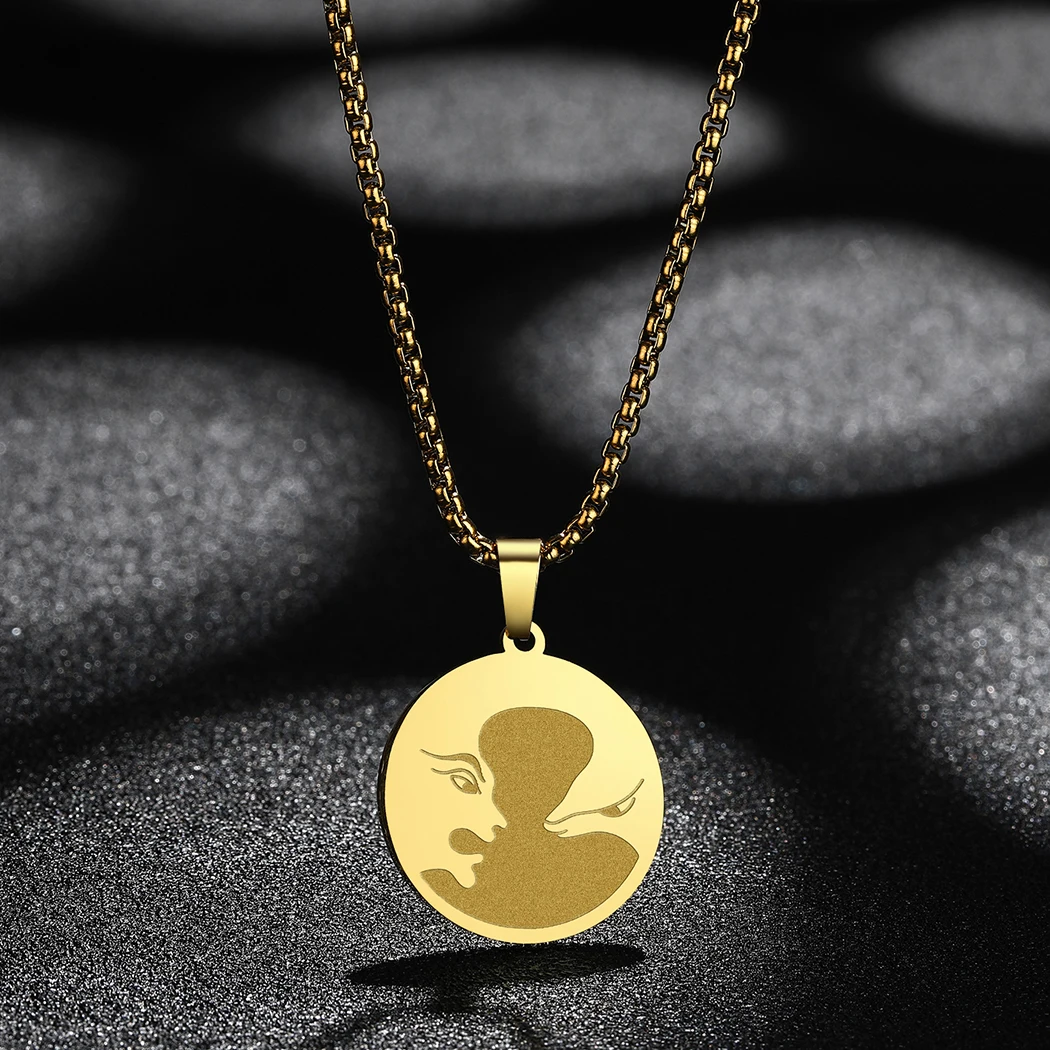 Todorova Engraved Aggressive Face Animal And Man Stainless Steel Round Disc Pendant Necklace For Women Personalized Jewelry Gift