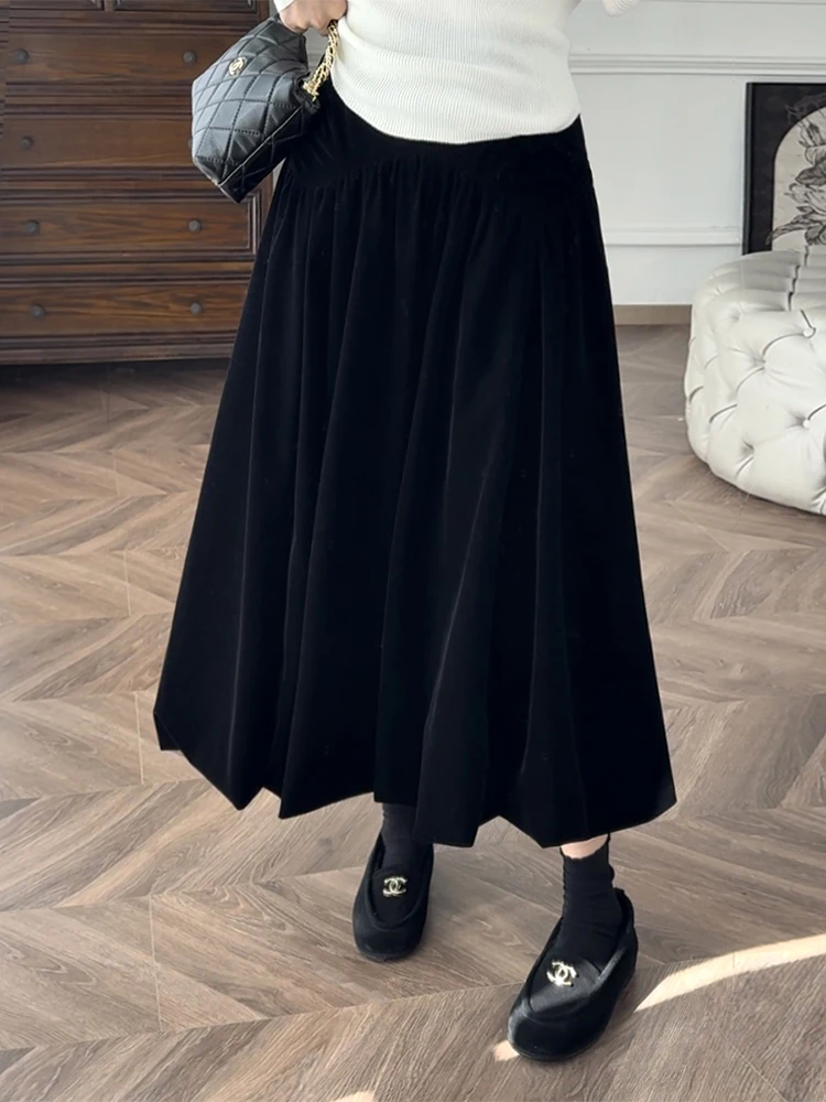 

Bla Velvet Splicing Sle Bloom Skirt A-Line Midi Length f Body Zhang ei Autumn 25 Korean Version High Waist Polyester