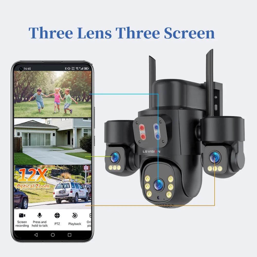 

LS VISION Three-screen Security Camera Outdoor 3 PTZ 12X Zoom 24/7 Surveillance AI Recording External Monitoring 15w Dual panel