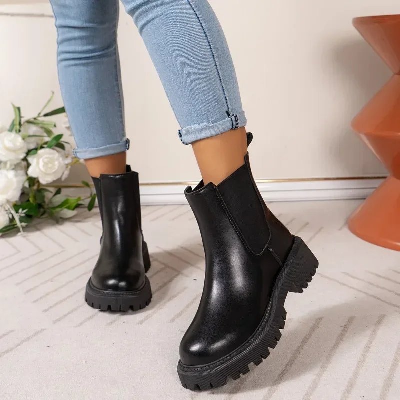 2024 High Quality Shoes Female Zipper Women Boots Autumn Winter Round Toe Solid Short Barrel Low-heeled Large Size Chelsea Boots