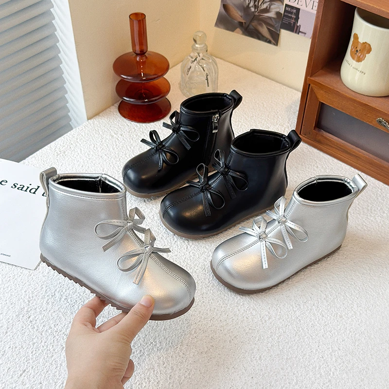 

Children's Autumn Boots New Trend Bowknot Girls Fashion Ankle Boots Solid Color School Short Versatile Kids Causal Leather Boots