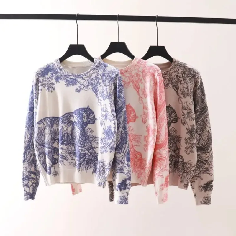 Korea Y2k Tops Sweaters Women\'s Sweater Pullovers Long Sleeve Knitted O Neck Jumper Tiger flowers Print Women Clothes Ins Winter