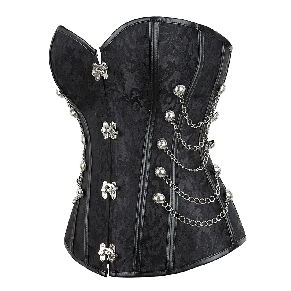 Steampunk Corsets And Bustiers Plus Size Vintage Black Brown Leather Corset Overbust Steel Bone Spiral Tops Chain Gothic Pirate