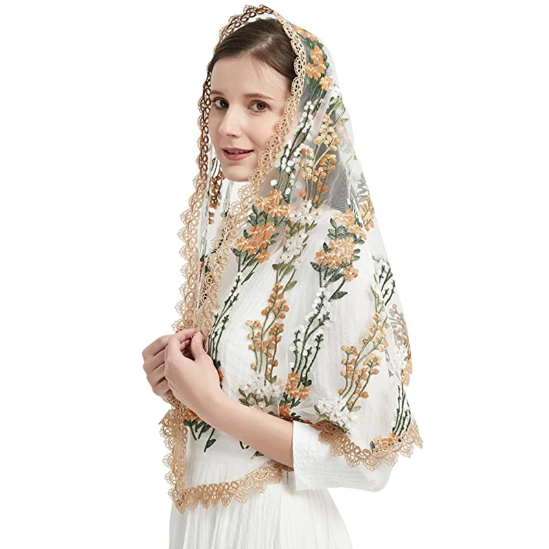 Wildflowers Lace Mantilla Chapel Veils Catholic Gold Lace Edge Head Covering Wrap Shawl Rectangle Floral Colorful