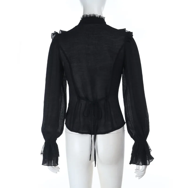 Camicette monopetto con patchwork cavo in pizzo gotico scuro Camicette da donna Abiti di moda Mall Goth Camicie con maniche svasate Top Halloween