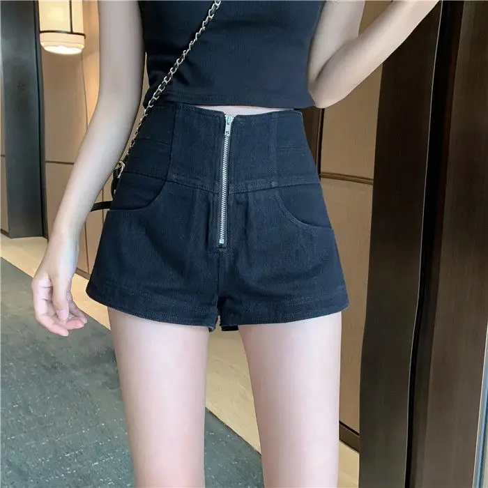 Pantalones cortos vaqueros para mujer, Shorts de cintura alta con cremallera, pierna ancha, holgados, estilo Hong Kong, informales, ajustados, tendencia de verano, 2024