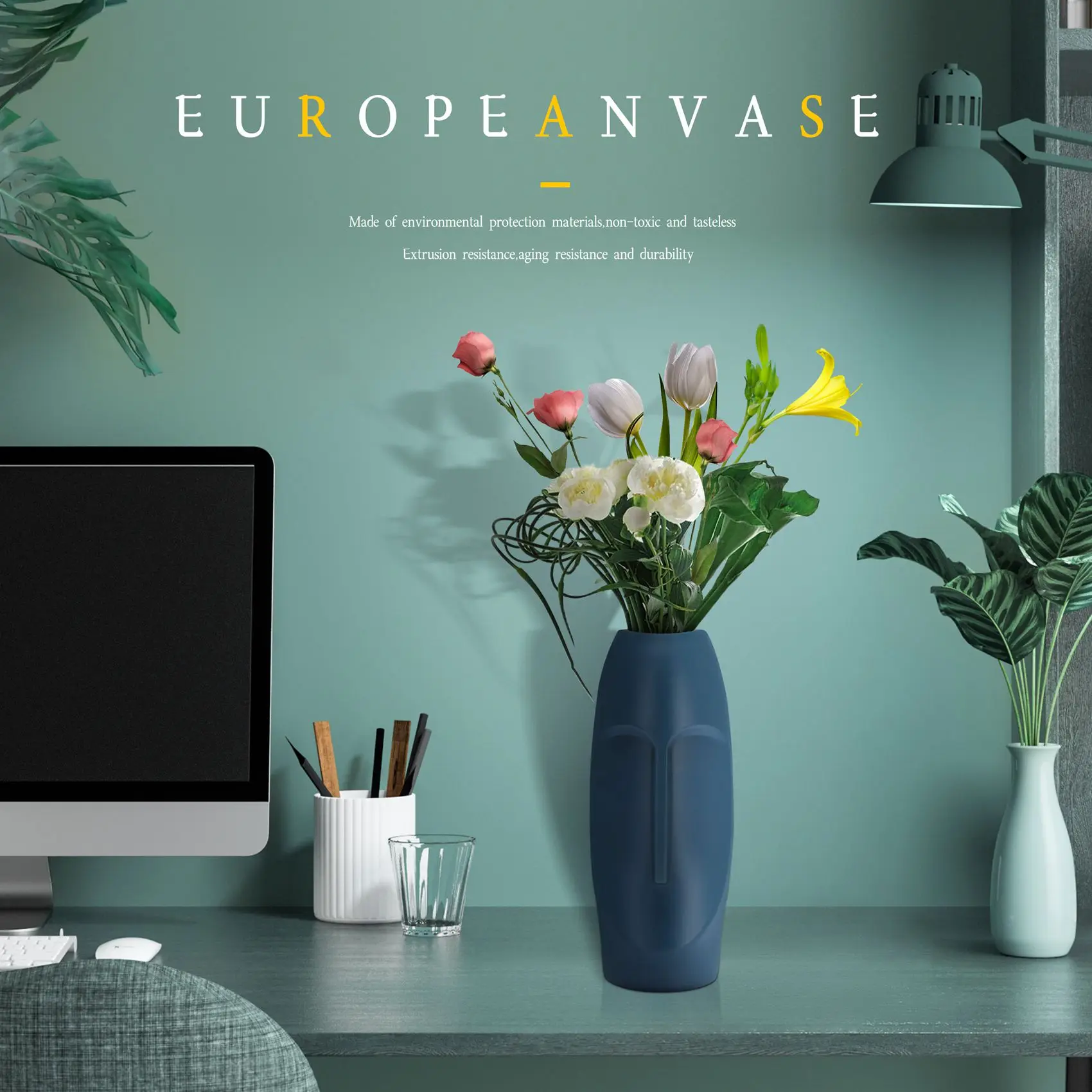 2026 Trend-Nordic Minimalist PE Abstract Vase Human Face Display Room Decorative Figue Head Shape Vase-Blue