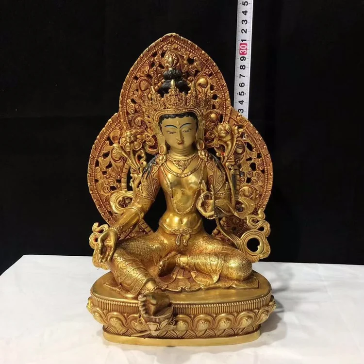 Tibetan craft 10 inch 32cm tantric Green Tara Buddha statue Tibetan bronze statue pure copper gilded ornaments