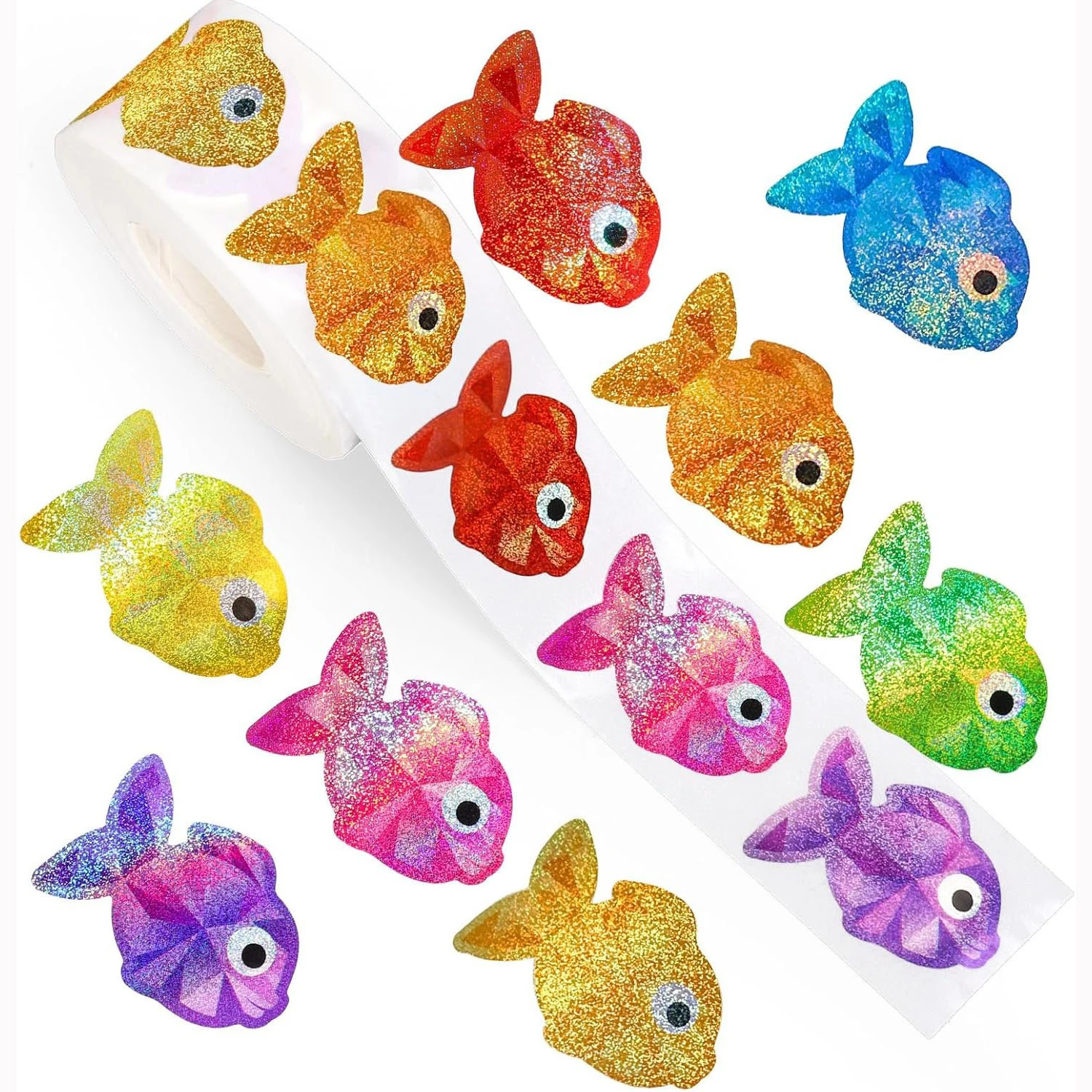 100-500 Uds. Pegatinas láser coloridas de peces de mar, etiquetas para envolver regalos de Navidad, álbum de recortes, pegatinas de papelería de recompensas de dibujos animados