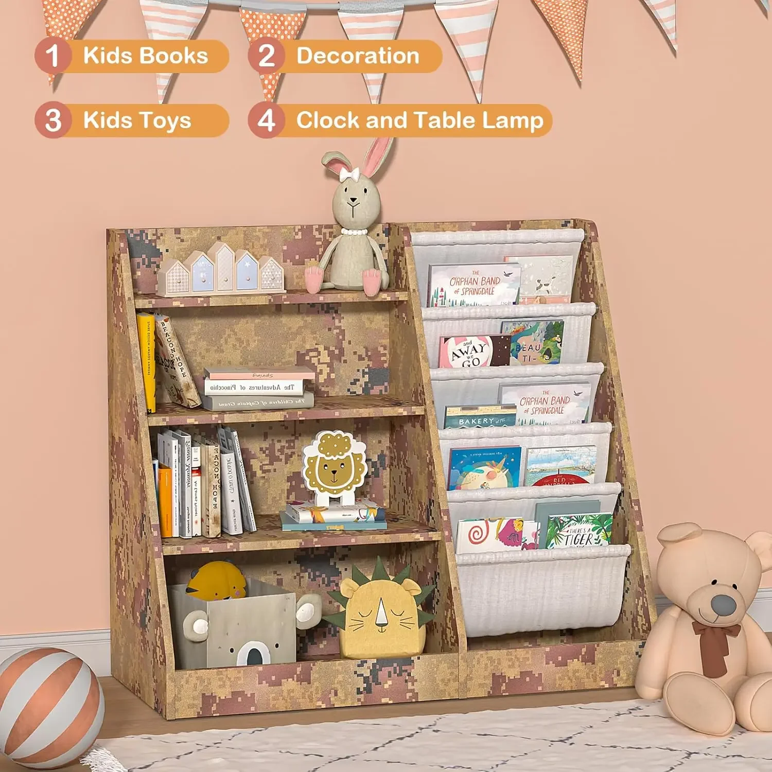 4-stufiges Kinder-Bücherregal aus Holz, fünflagiges Sling-Kinder-Bücherregal, Aufbewahrungsregal für Babys und Kleinkinder, Bücherregal und Spielzeug-Organizer-Schrank